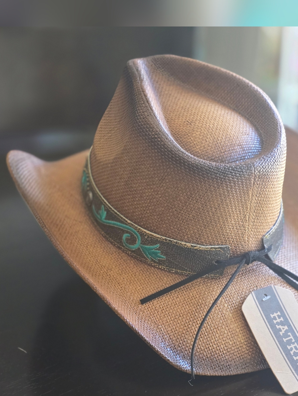 Embroidered Straw Western Hat - Brown with Teal & Cream Accents